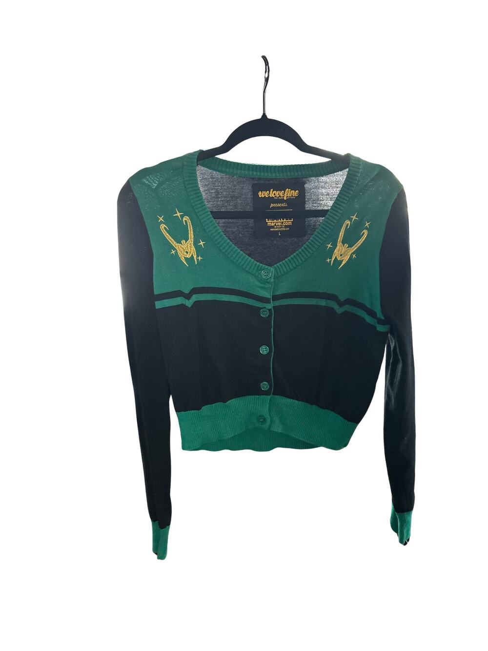 Marvel Green and Black Loki V-neck crop button cardigan with gold embroidery
